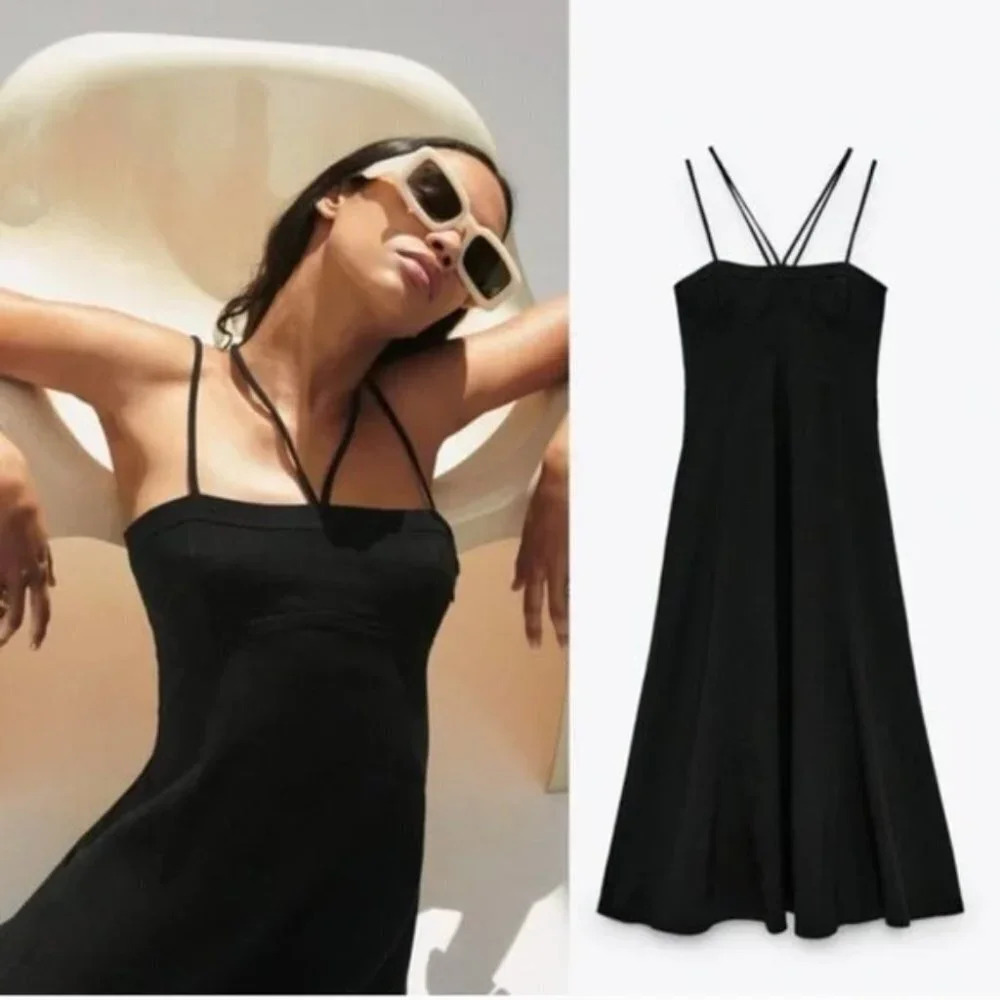 Zara Linen Blend Corset  Midi Dress Black Bloggers Fav Sz Small NWT